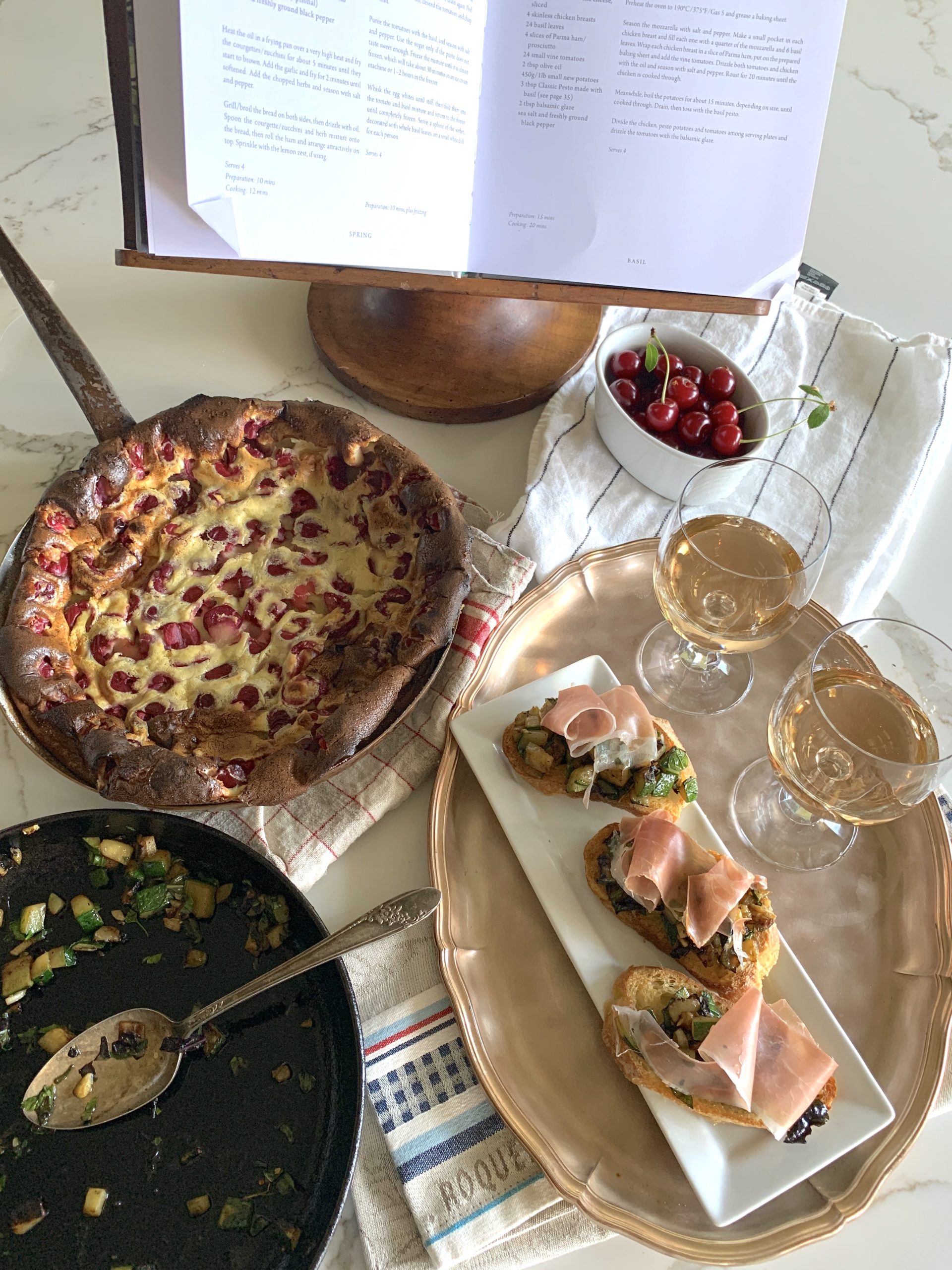 A Meal From the Garden: Clafoutis aux Cerises (Cherry Clafoutis) + Herb, Courgette Bruschetta with Prosciutto