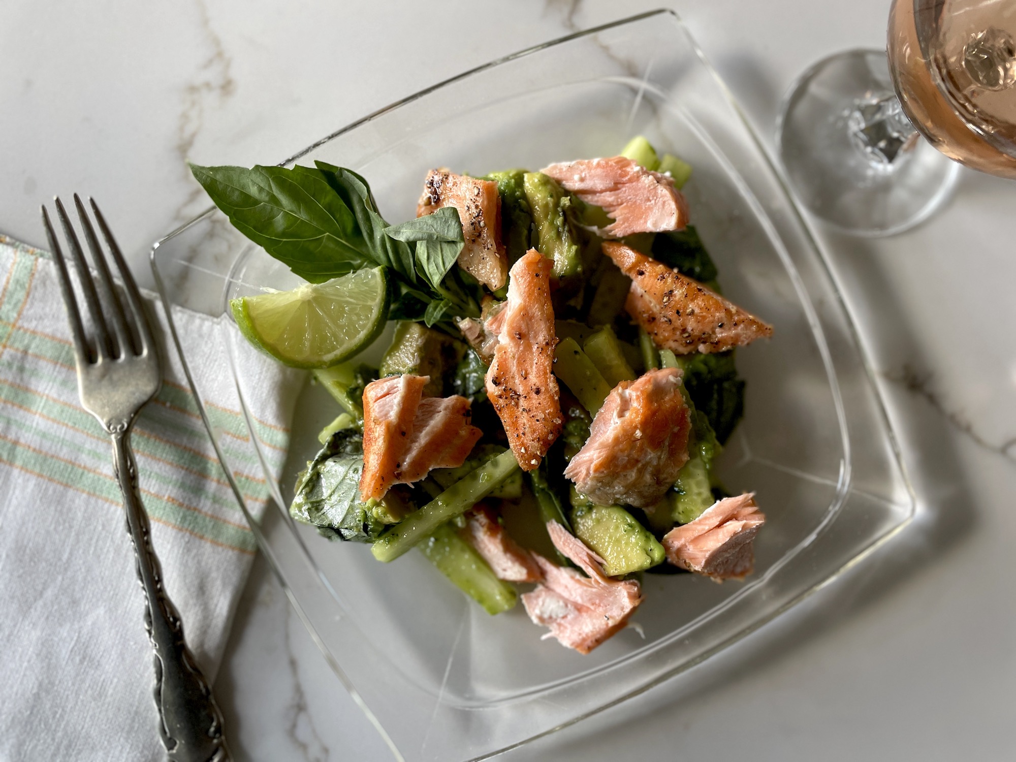 A Delicious-Start-to-Summer Salad: Salmon w/Avocado & Cucumber dressed with Basil Vinaigrette